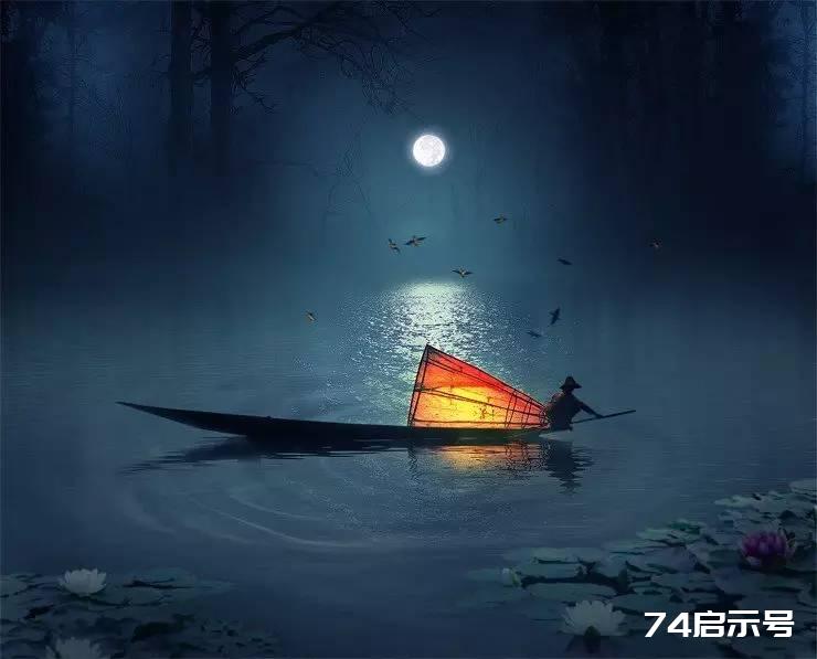 PS合成 唯美月夜渔舟场景