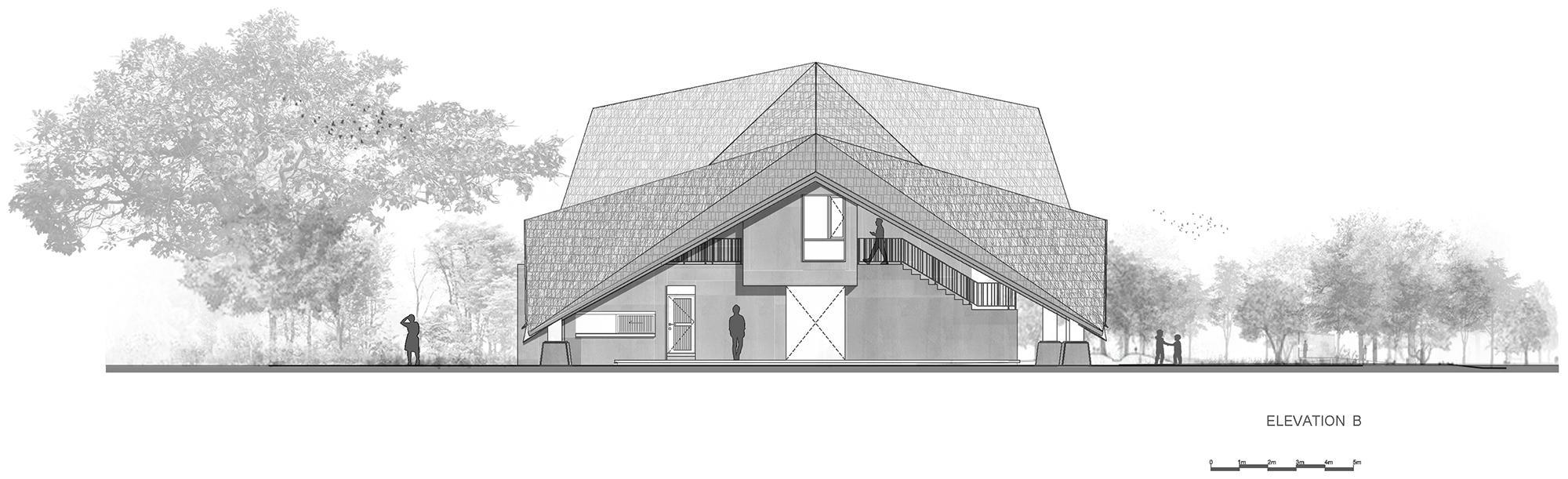 泰国乡村活动中心建筑：曲折的大屋顶下容纳了错落有致的功能体块