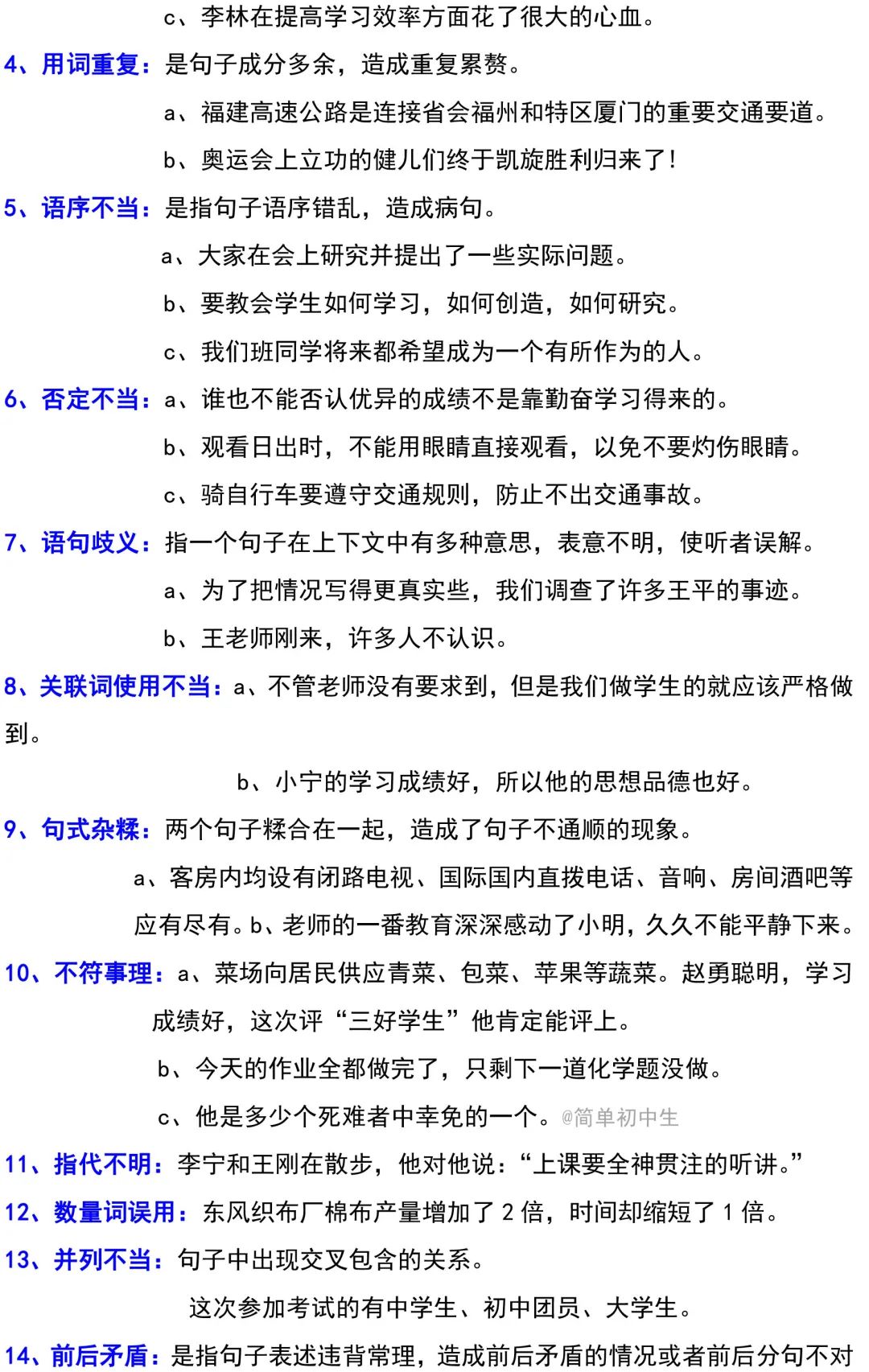 初中语文常见病句的类型与对策，附练习题！